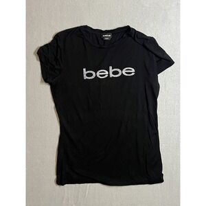 Bebe Women's Large Black Short Sleeve T-Shirt Glitter Logo Graphic Tee